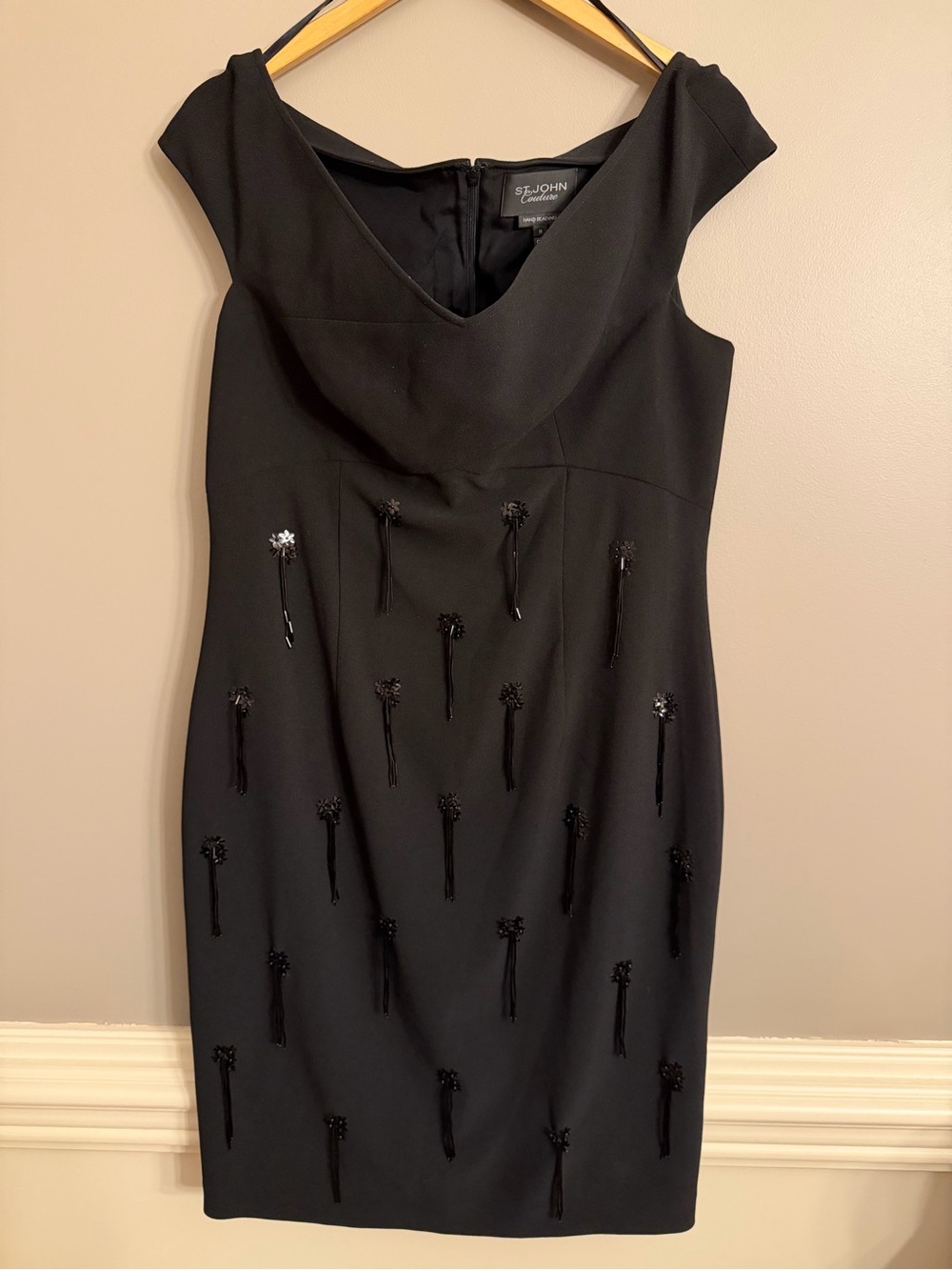 St. John Couture Black Dress 10 Hand Beaded Silk Lined Off Shoulder Cocktail - Picture 2 of 11